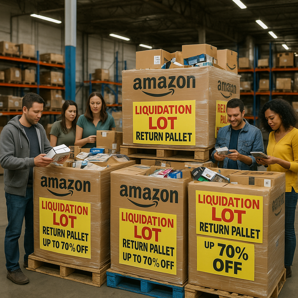 A dynamic warehouse scene featuring stacked Amazon